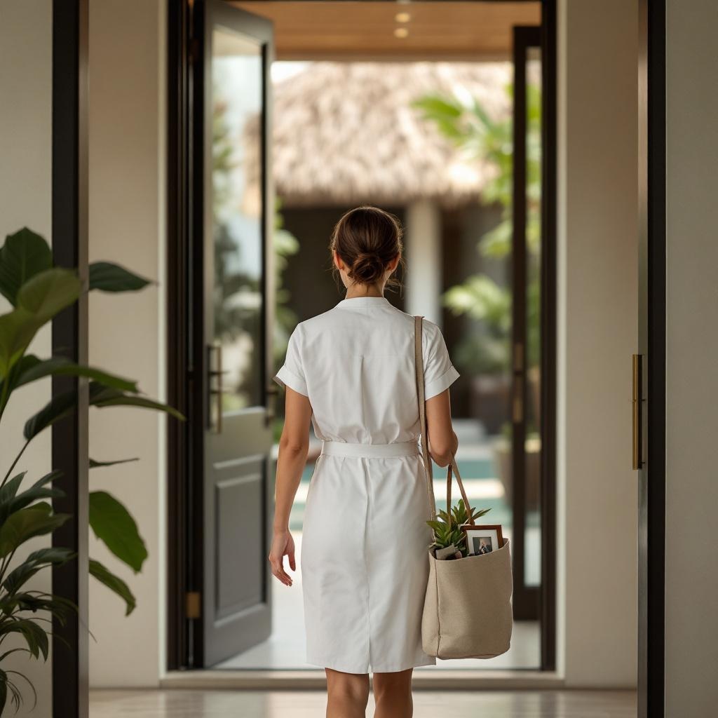 Diarista de uniforme branco saindo pela porta de uma casa de alto padrão, levando uma bolsa com seus pertences