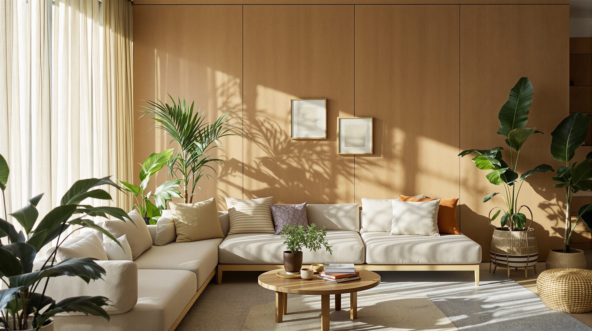 Sala de estar contemporânea com luz natural quente, plantas e mobiliário acolhedor