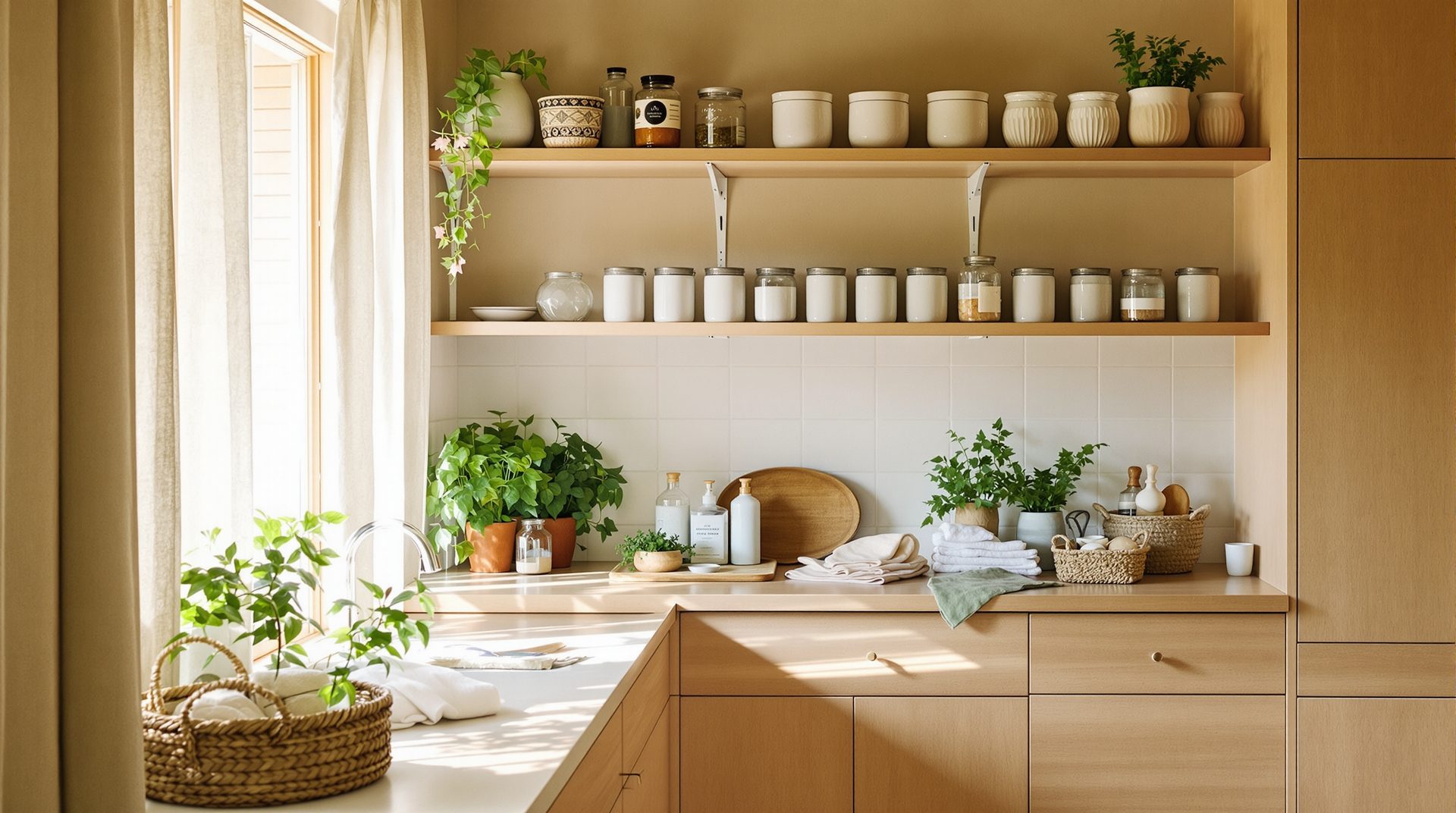 Cozinha brasileira acolhedora com prateleiras organizadas e luz natural